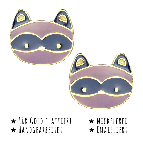 Das Bild mit Beschreibung zeigt Kinder Ohrringe Waschbren Ohrstecker aus Messing 18k Gold plattiert