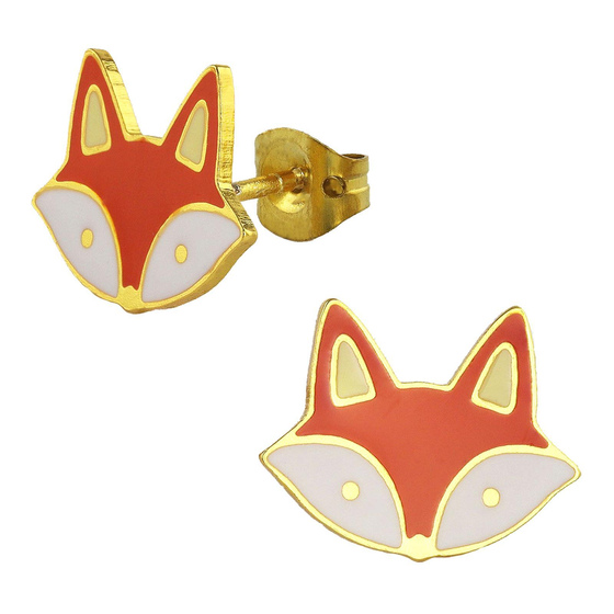 Auf dem Bild zu sehen sind Kinder Ohrringe Fuchs Kopf Ohrstecker aus Messing 18k Gold plattiert