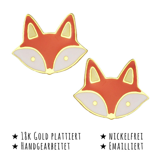 Das Bild mit Beschreibung zeigt Kinder Ohrringe Fuchs Kopf Ohrstecker aus Messing 18k Gold plattiert