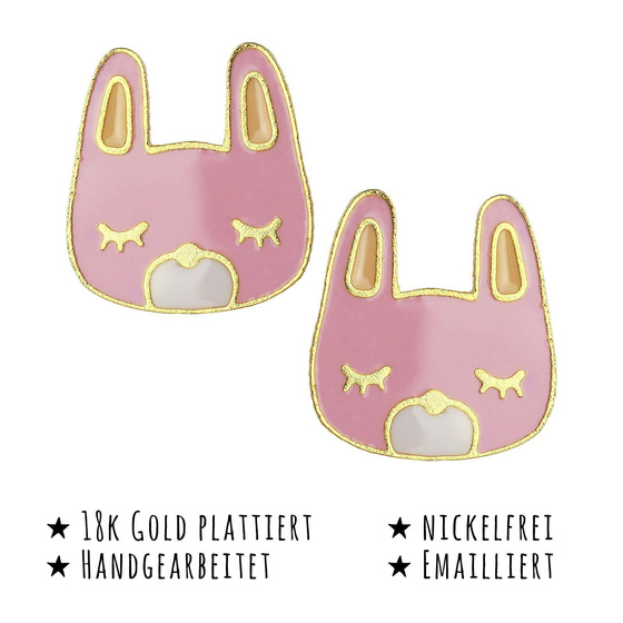 Das Bild mit Beschreibung zeigt Kinder Ohrringe Hasen Kopf Ohrstecker aus Messing 18k Gold plattiert