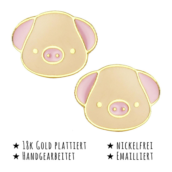 Das Bild mit Beschreibung zeigt Kinder Ohrringe Schweinchen Kopf Ohrstecker aus Messing 18k Gold plattiert