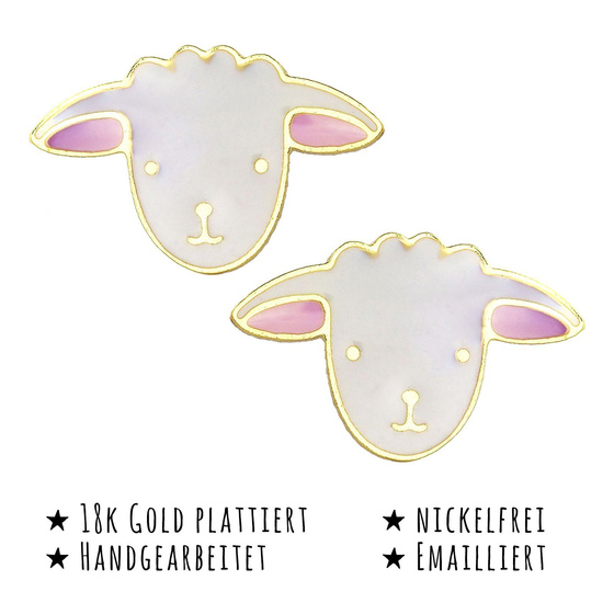 Das Bild mit Beschreibung zeigt Kinder Ohrringe Schaf Kopf Ohrstecker aus Messing 18k Gold plattiert
