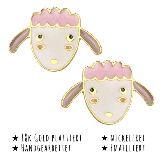 Das Bild mit Beschreibung zeigt Kinder Ohrringe Schaf Kopf Ohrstecker aus Messing 18k Gold plattiert