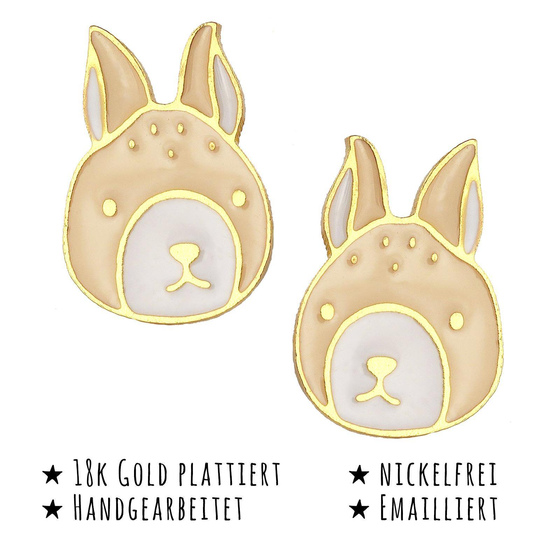 Das Bild mit Beschreibung zeigt Kinder Ohrringe Hasen Kopf Ohrstecker aus Messing 18k Gold plattiert