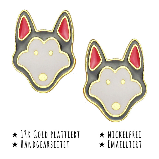 Das Bild mit Beschreibung zeigt Kinder Ohrringe Siberian Husky Ohrstecker aus Messing 18k Gold plattiert