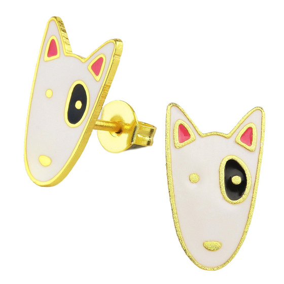 Auf dem Bild zu sehen sind Kinder Ohrringe English Bullterrier Ohrstecker aus Messing 18k Gold plattiert