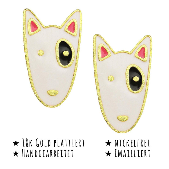 Das Bild mit Beschreibung zeigt Kinder Ohrringe English Bullterrier Ohrstecker aus Messing 18k Gold plattiert