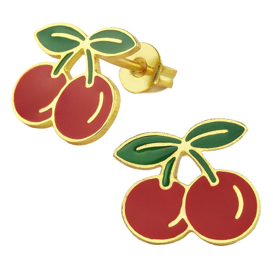 Auf dem Bild zu sehen sind Kinder Ohrringe Kirschen Ohrstecker aus Messing 18k Gold plattiert