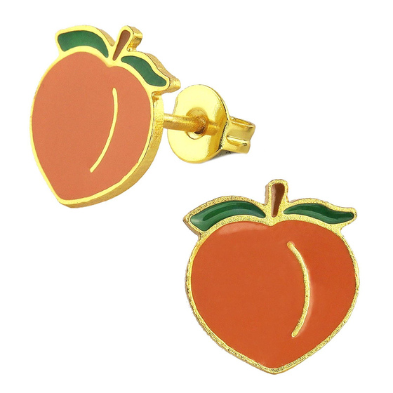 Auf dem Bild zu sehen sind Kinder Ohrringe Pfirsich Ohrstecker aus Messing 18k Gold plattiert