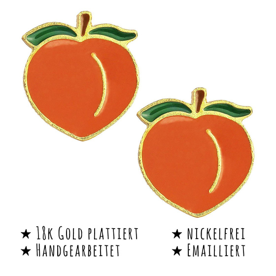 Das Bild mit Beschreibung zeigt Kinder Ohrringe Pfirsich Ohrstecker aus Messing 18k Gold plattiert