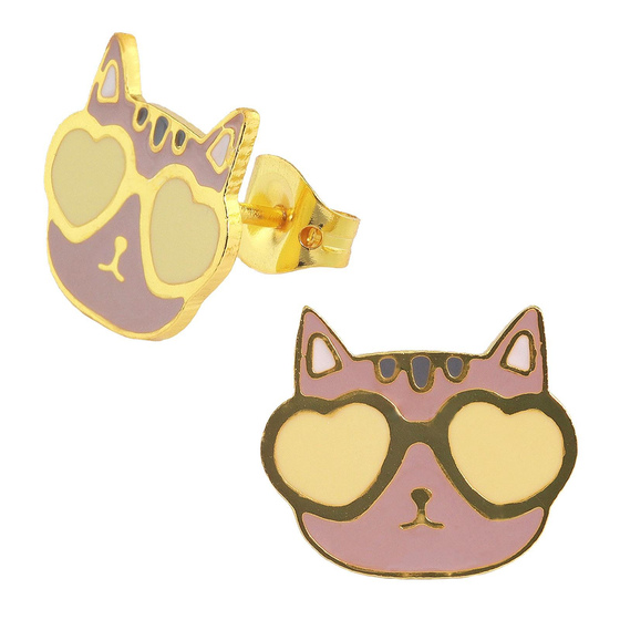 Auf dem Bild zu sehen sind Kinder Ohrringe Katze mit Brille Ohrstecker aus Messing 18k Gold plattiert