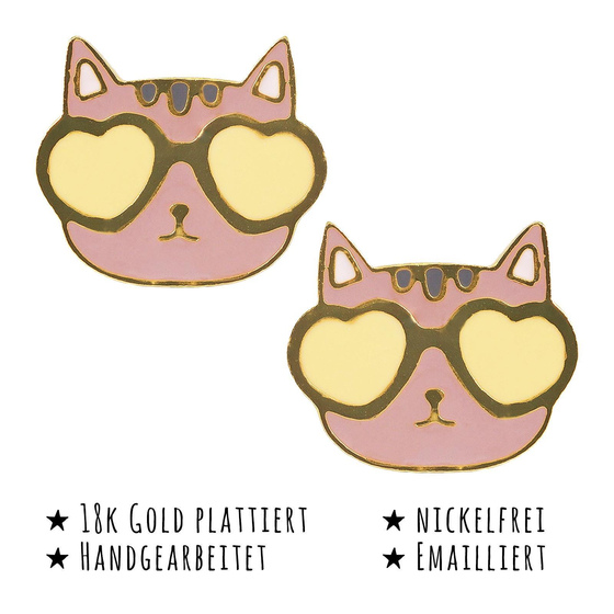 Das Bild mit Beschreibung zeigt Kinder Ohrringe Katze mit Brille Ohrstecker aus Messing 18k Gold plattiert