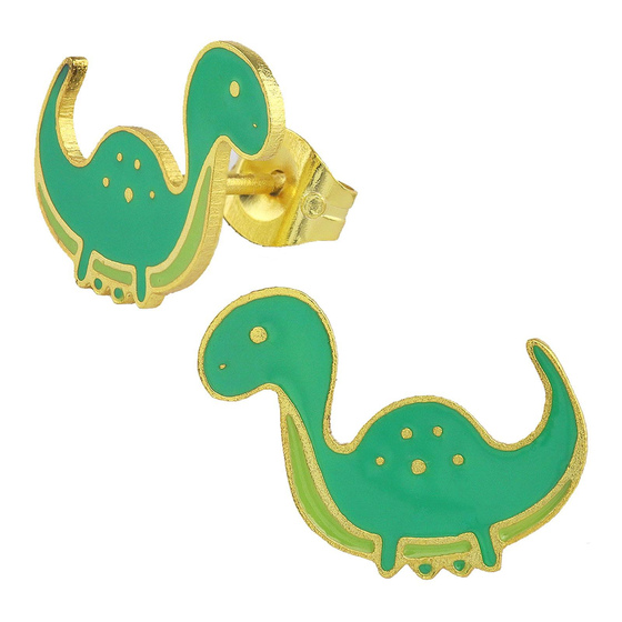 Auf dem Bild zu sehen sind Kinder Ohrringe Dino Ohrstecker aus Messing 18k Gold plattiert
