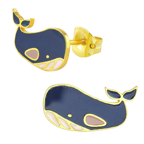Auf dem Bild zu sehen sind Kinder Ohrringe Wal Fisch Ohrstecker aus Messing 18k Gold plattiert