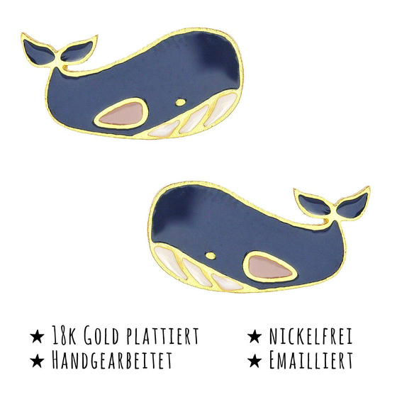 Das Bild mit Beschreibung zeigt Kinder Ohrringe Wal Fisch Ohrstecker aus Messing 18k Gold plattiert