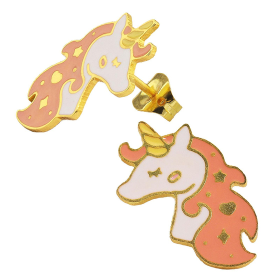 Auf dem Bild zu sehen sind Kinder Ohrringe Einhorn Ohrstecker aus Messing 18k Gold plattiert