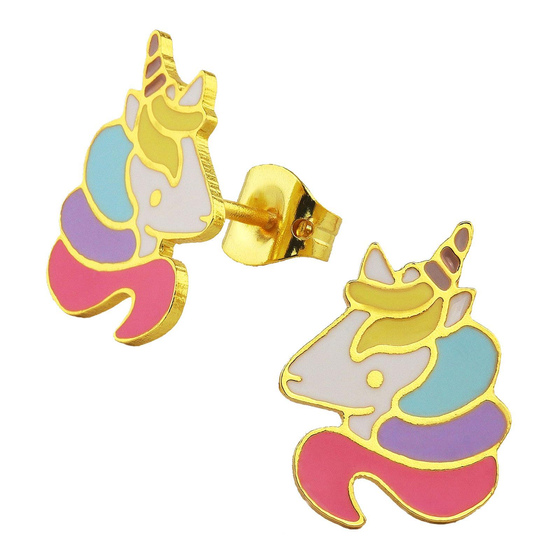 Auf dem Bild zu sehen sind Kinder Ohrringe Einhorn-Kopf Ohrstecker aus Messing 18k Gold plattiert