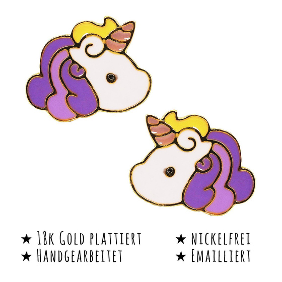Das Bild mit Beschreibung zeigt Kinder Ohrringe Einhorn Ohrstecker aus Messing 18k Gold plattiert