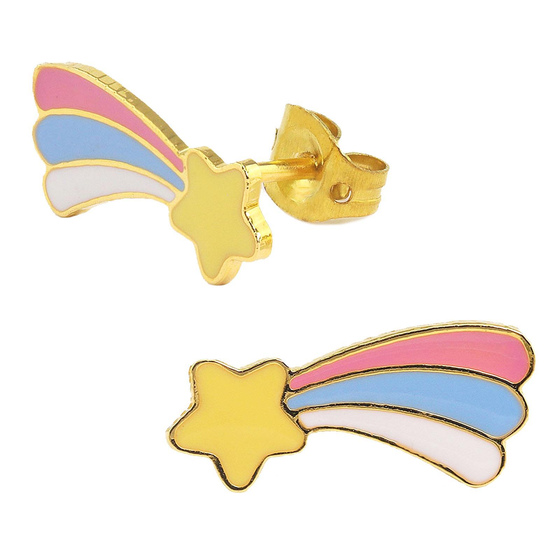 Auf dem Bild zu sehen sind Kinder Ohrringe Sternschnuppe Ohrstecker aus Messing 18k Gold plattiert