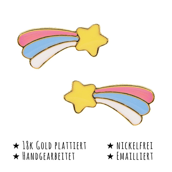 Das Bild mit Beschreibung zeigt Kinder Ohrringe Sternschnuppe Ohrstecker aus Messing 18k Gold plattiert