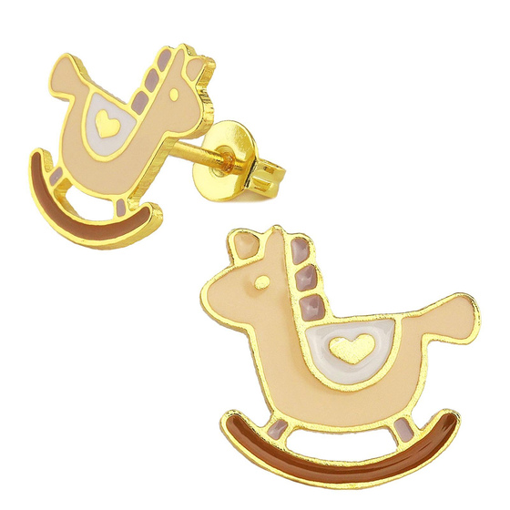 Auf dem Bild zu sehen sind Kinder Ohrringe Schaukelpferd Ohrstecker aus Messing 18k Gold plattiert