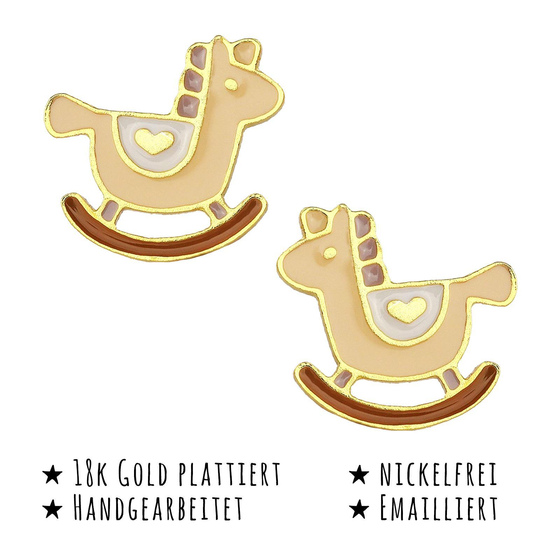 Das Bild mit Beschreibung zeigt Kinder Ohrringe Schaukelpferd Ohrstecker aus Messing 18k Gold plattiert