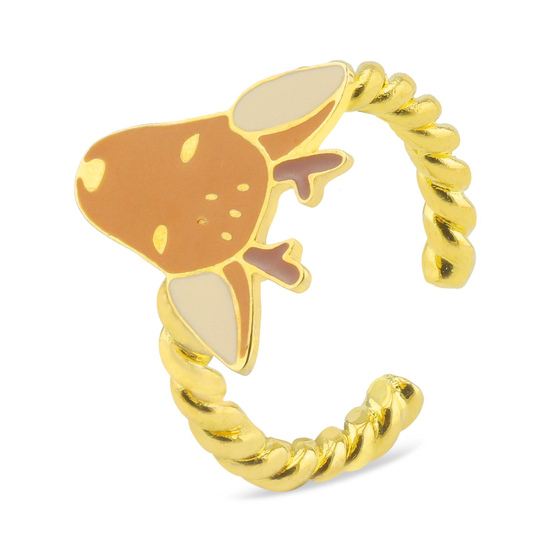 Auf dem Bild zu sehen ist ein Damen Ring mit Hirsch aus Messing Gold plattiert mit Emaille handbemalt