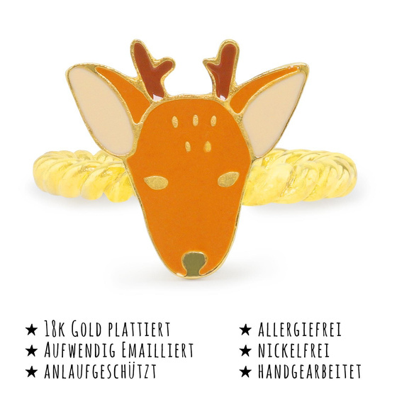 Das Bild mit Beschreibung zeigt ein Damen Ring mit Hirsch aus Messing Gold plattiert mit Emaille handbemalt