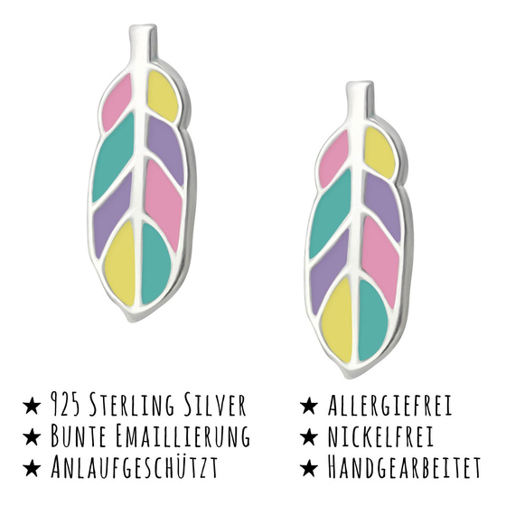 Das Bild mit Beschreibung zeigt Monkimau Kinderohrringe bunte Feder Ohrstecker aus 925 Sterling Silver echt Silber