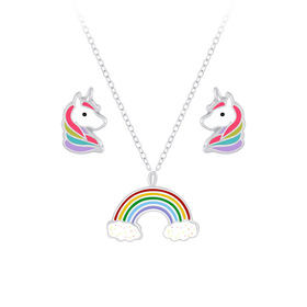Einhorn und Regenbogen Kinder Halskette Ohrringe Set 925...