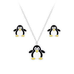 Pinguin Kinder Halskette Ohrringe Set 925 Silber