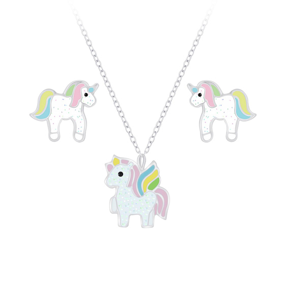 Einhorn Kinder Halskette Ohrringe Set 925 Silber