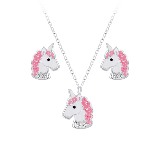 Einhorn Kinder Halskette Ohrringe Set 925 Silber