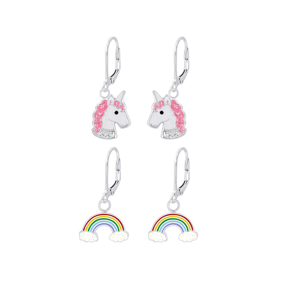 Einhorn und Regenbogen Kinder Ohrringe Set 925 Silber