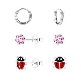 Marienkfer, Blumen und Creolen Kinder Ohrringe Set 925...