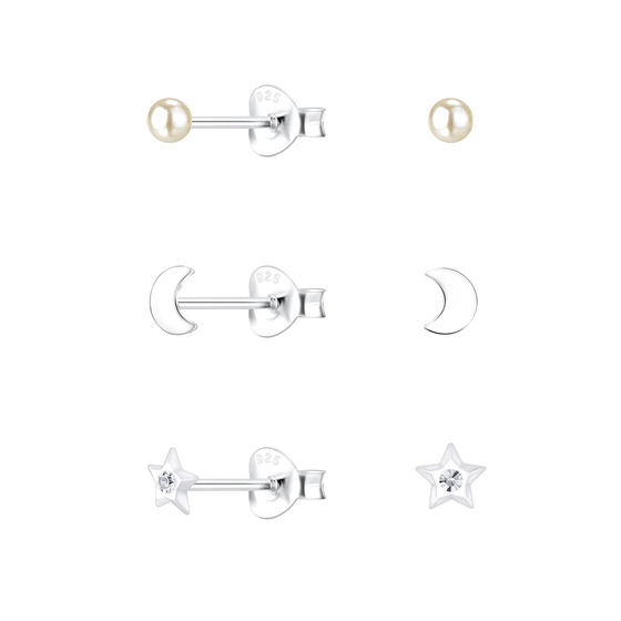 Mond und Sterne Kinder Ohrringe Set 925 Silber