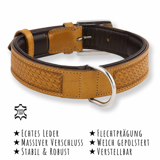 Das Bild mit Beschreibung zeigt ein Halsband fr groe Hunde aus echt Leder mit Flechtprgung verstellbar in der Farbe braun