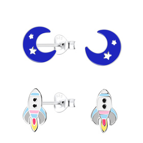 Mond und Raketen Kinder Ohrringe Set 925 Silber