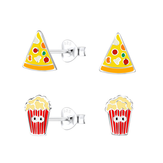 Pizza und Popcorn Kinder Ohrringe Set 925 Silber