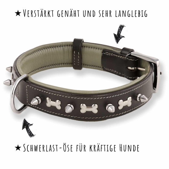 Hundehalsband aus Leder schwarz mit Knochen und Nieten M-L