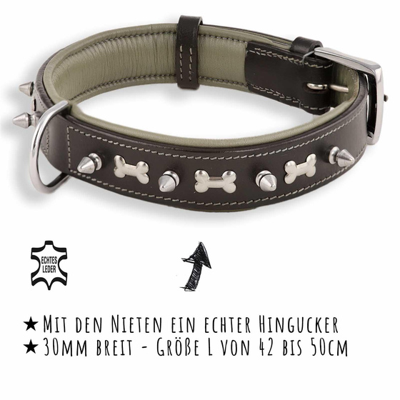 Hundehalsband aus Leder schwarz mit Knochen und Nieten M-L