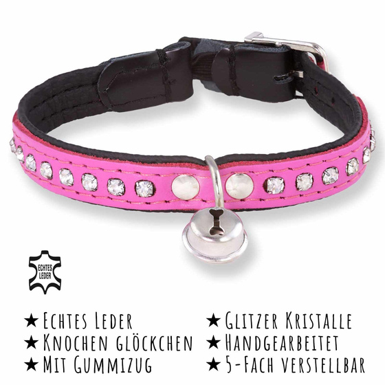 Das Bild mit Beschreibung zeigt ein Katzenhalsband aus Leder mit Strasssteinen und Glocke in pink