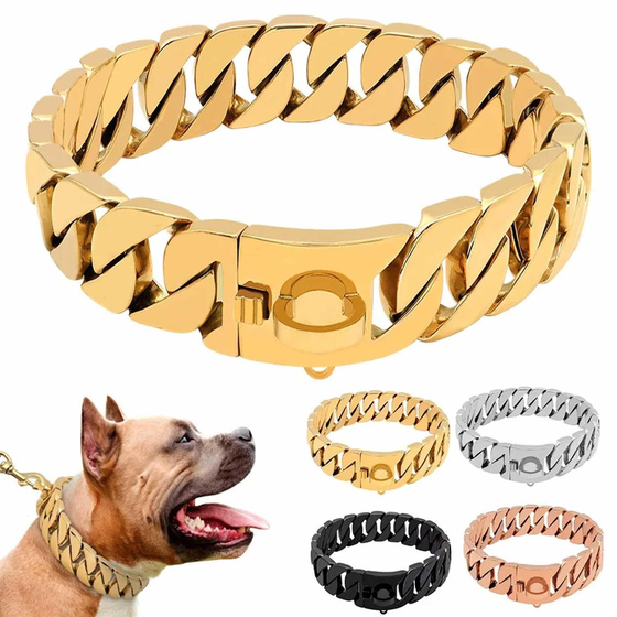 Hundehalsband aus Edelstahl Hundekette Gold plattiert 32mm breit
