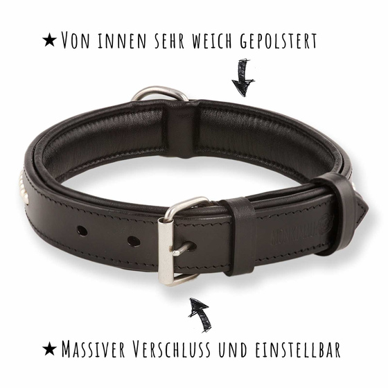Hundehalsband aus Leder schwarz mit Premium-Perlen S-M