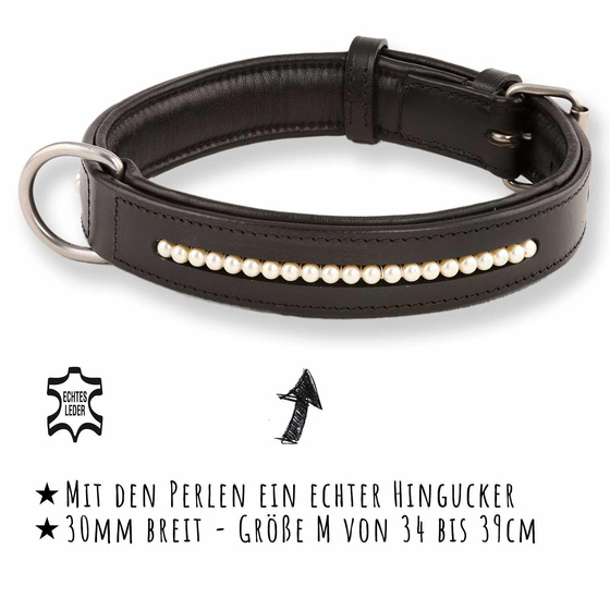Hundehalsband aus Leder schwarz mit Premium-Perlen S-M
