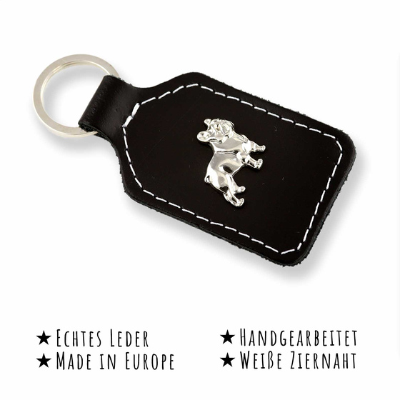 Das Bild mit Beschreibung zeigt ein Franz�sische Bulldogge Hund aus schwarzem Leder mit Ziernaht