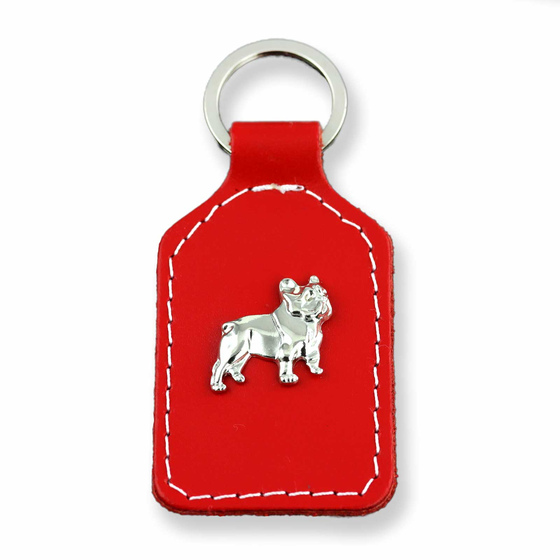 Auf dem Bild zu sehen ist ein Franz�sische Bulldogge Hund aus rotem Leder mit Ziernaht als Schl�sselanh�nger Figur