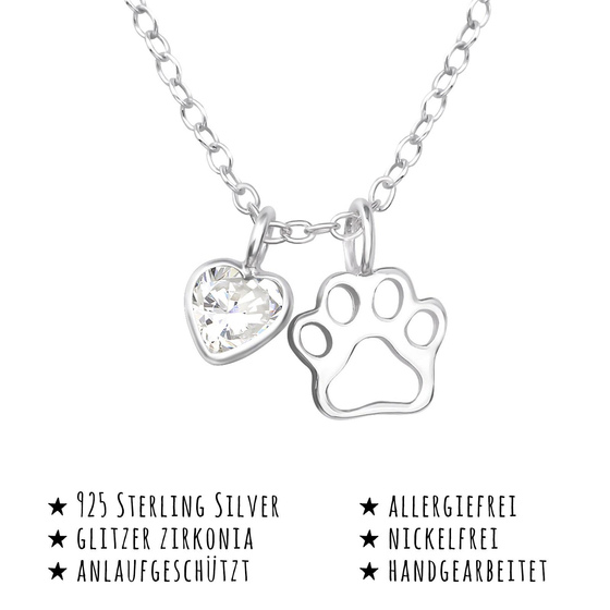 Das Bild mit Beschreibung zeigt eine Kinder Halskette Pfote Herz Kristall Anhnger aus 925 Sterling Silver echt Silber mit 45cm lnge