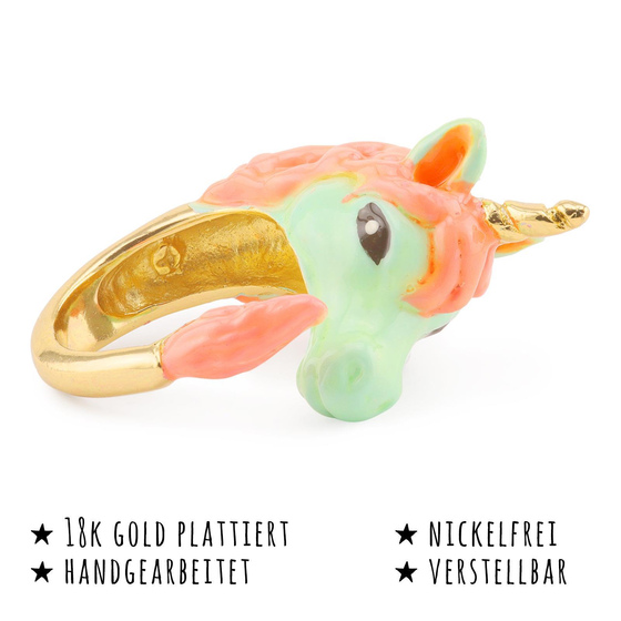 Das Bild mit Beschreibung zeigt Damen Ringe mit Einhorn aus Messing Gold plattiert mit Emaille handbemalt