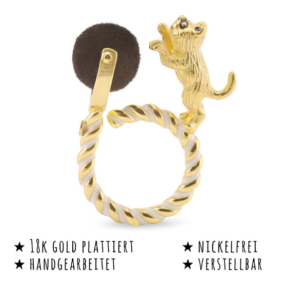 Das Bild mit Beschreibung zeigt Damen Ringe mit Katze Ball aus Messing Gold plattiert mit Emaille handbemalt